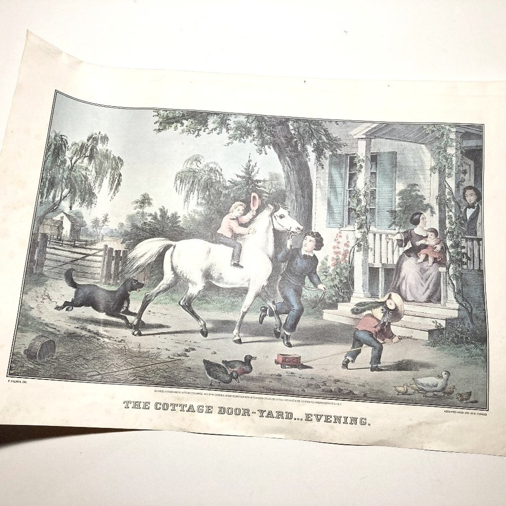 Reprint of Currier & Ives “The Cottage Door-Yard…Evening” + flip side